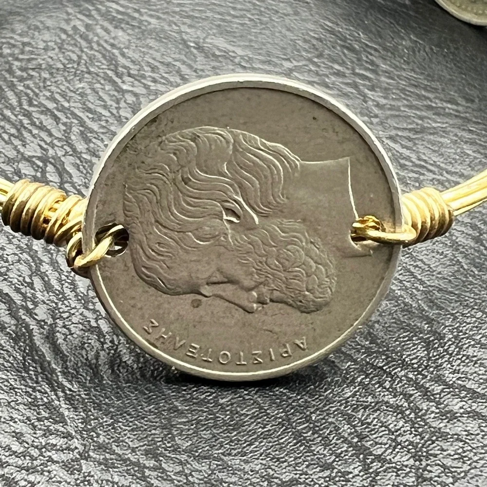 World Coin Wire Wrapped Bangle Bracelet Gold Tone International Currency Vtg 90s